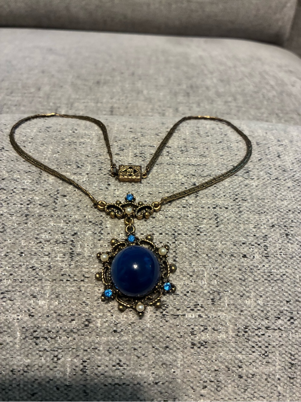Antique Gold tone Necklace with Blue Cabochon Pendant